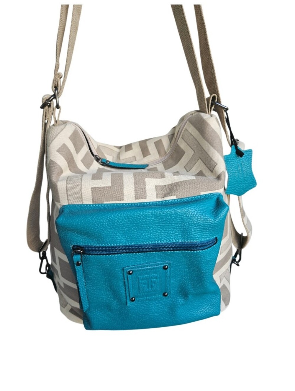 Forest Canvas Geo-Pattern Backpack -Sholder Bag with Teal Leather Pocket - Picture 9 of 16